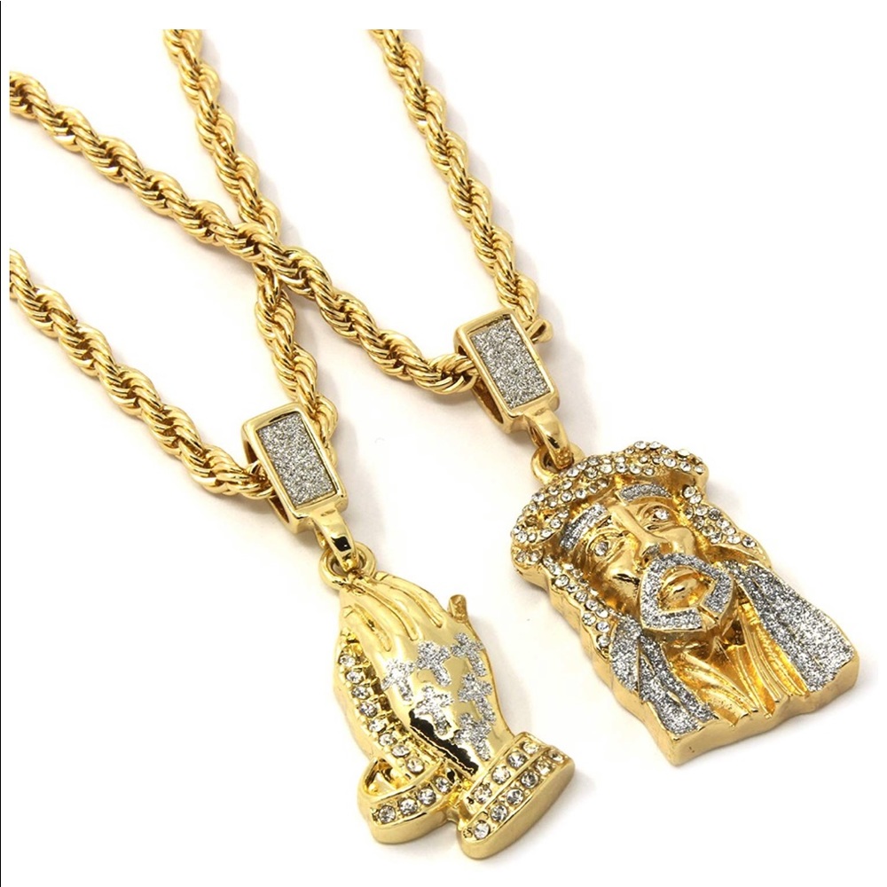Gold Two Piece Jesus & Prayer Hand Set Pendant